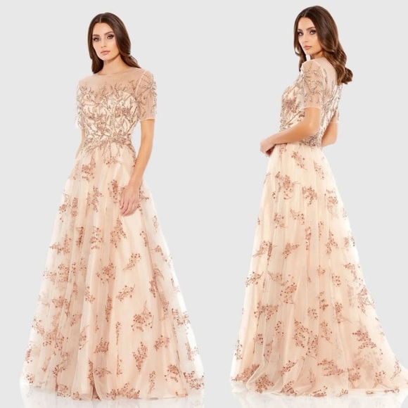 Mac Duggal 79317 Pink Embellished Illusion Short Sleeve A Line Gown Size 6 NWT